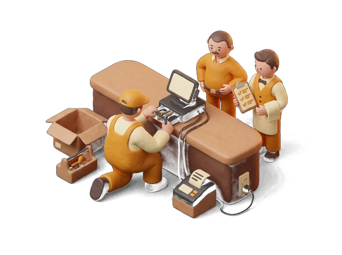 Ilustración 3D del día de instalación: técnico montando el TPV mientras el equipo aprende