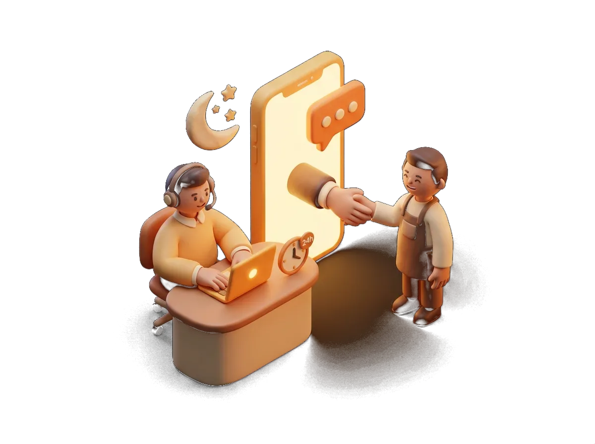 3D-Illustration: Support-Techniker mit Headset, der nachts über WhatsApp hilft